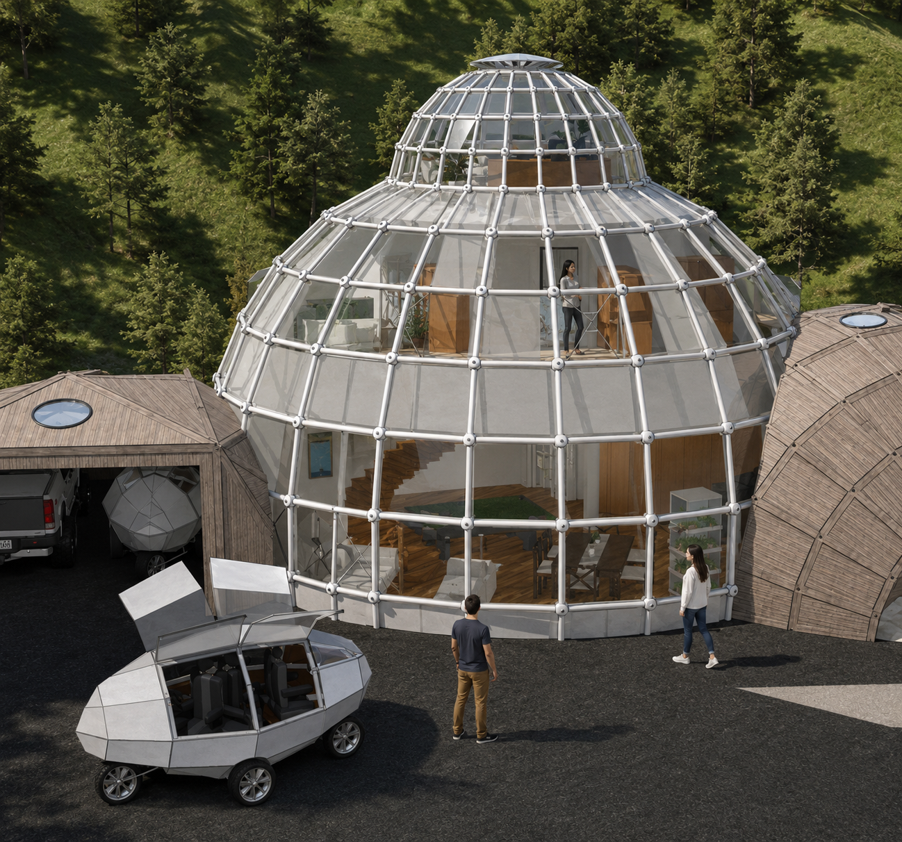 Rendered BB-8 House spherical glass residence with attached wood pods, forest setting, garage, and small vehicle