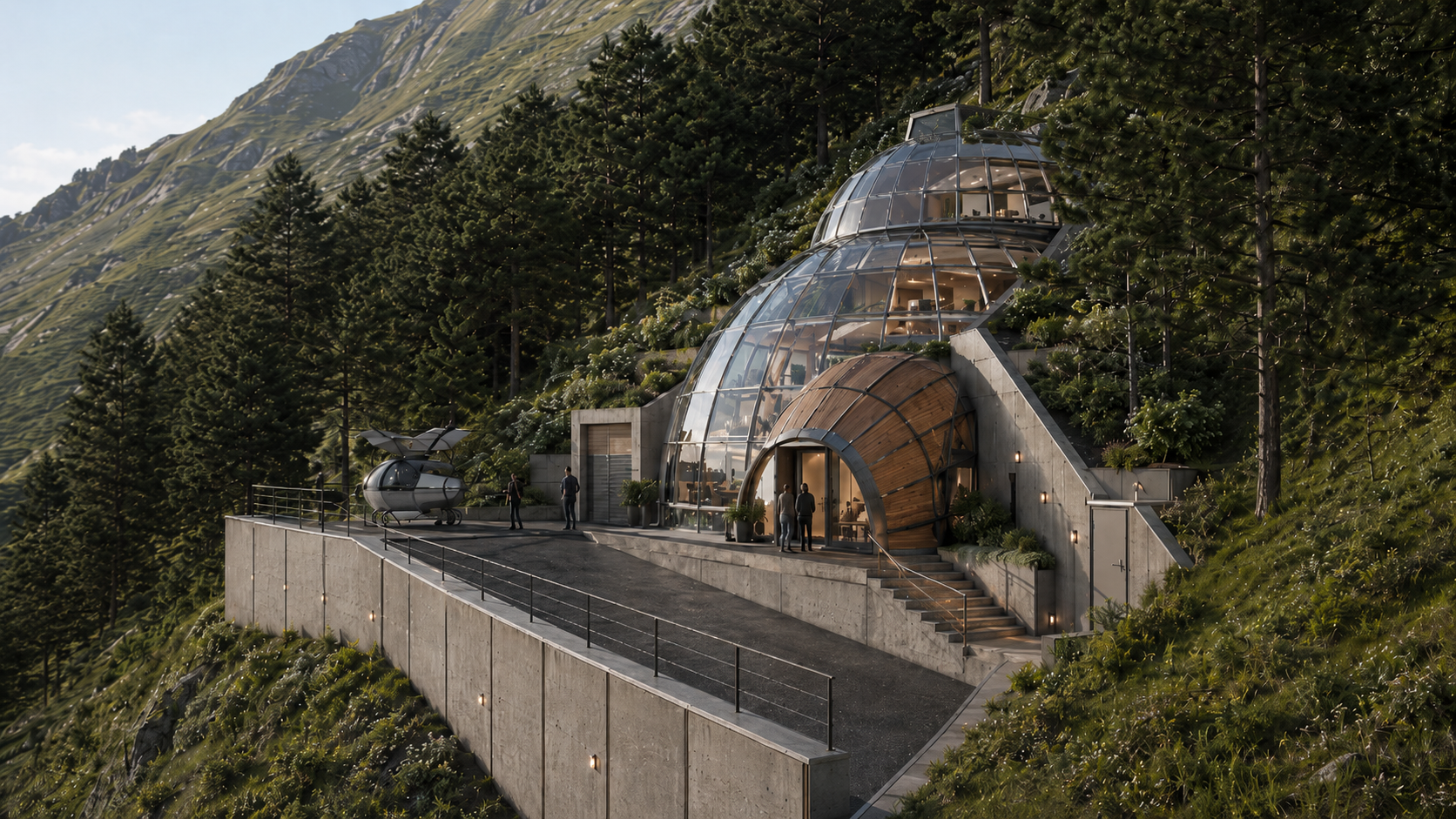 BB-8 House hillside arrival render with concrete retaining walls, driveway, railings, forest slope, glass dome, and wood entry pod
