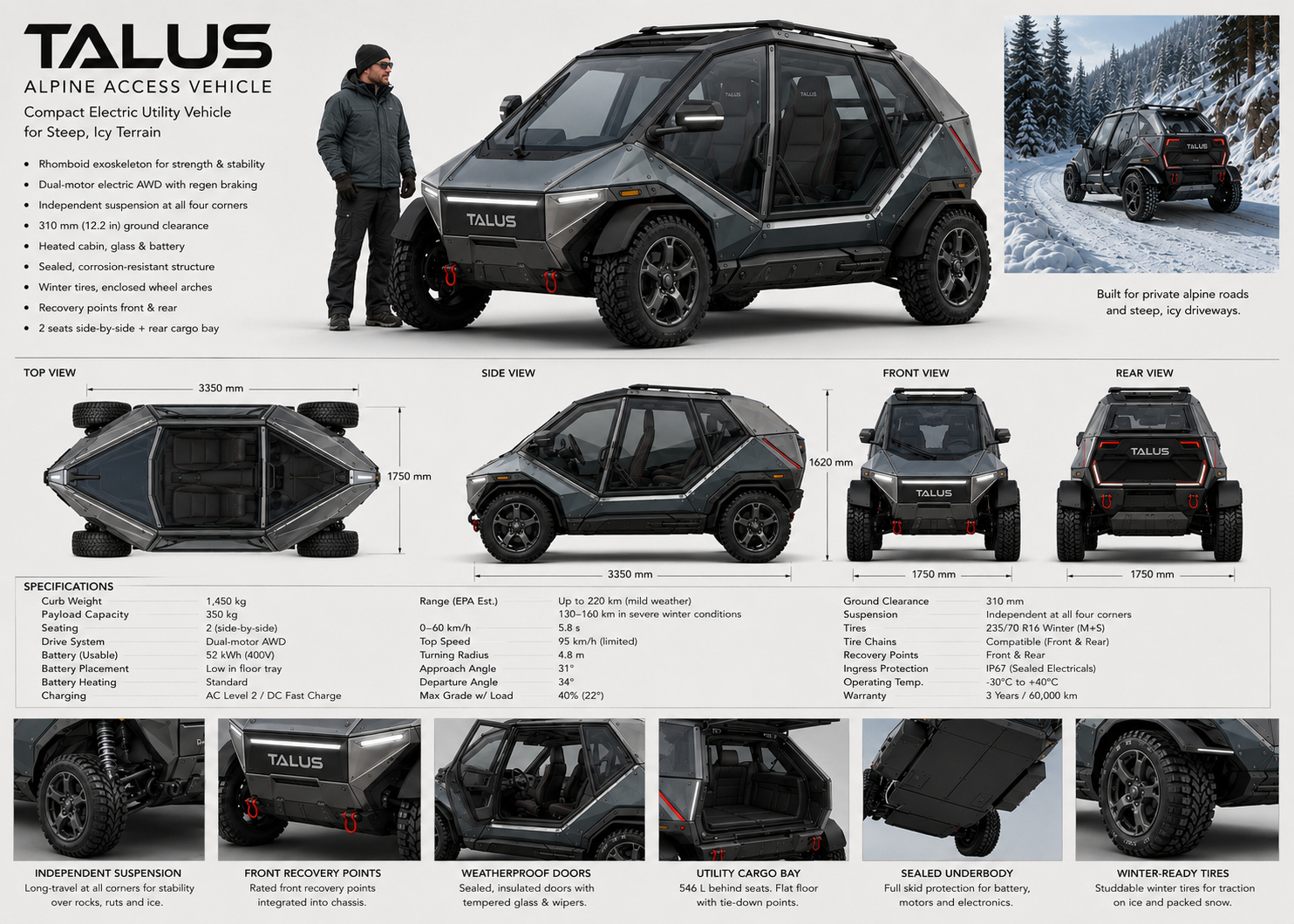 TALUS Alpine Access Vehicle specification sheet with electric alpine utility vehicle views, winter performance notes, and technical details