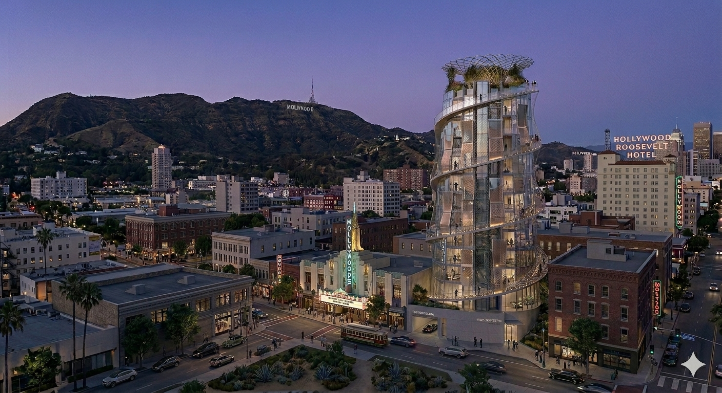 Occlusion Needle tower concept with spiral exterior circulation in a historic urban district
