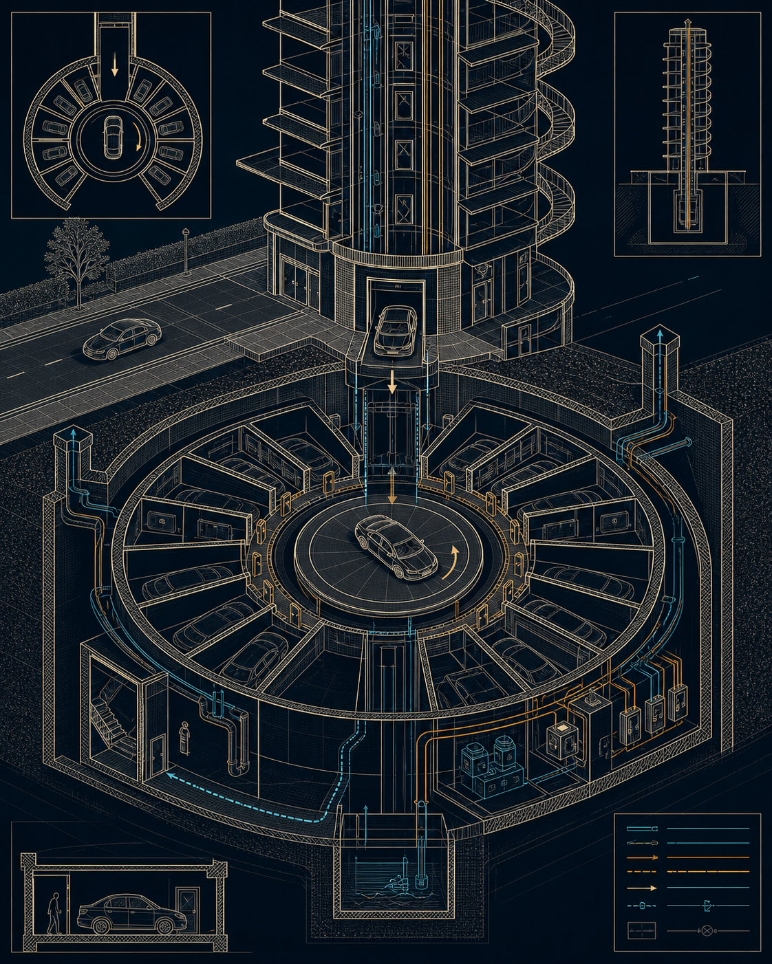 Occlusion Needle turntable elevator garage blueprint with radial private pods, building core, road access, and utility systems