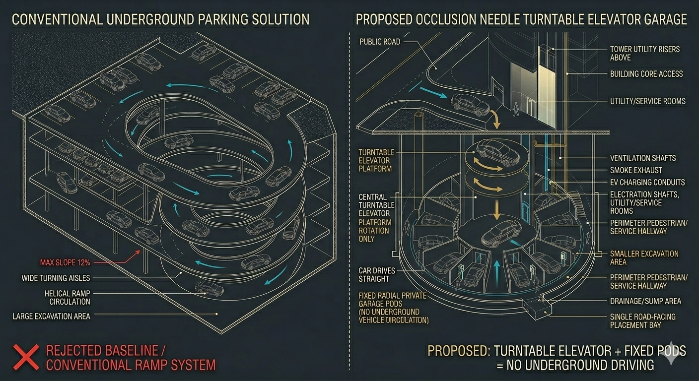 Comparison schematic showing conventional underground ramp parking beside the proposed Occlusion Needle turntable elevator garage with fixed radial pods