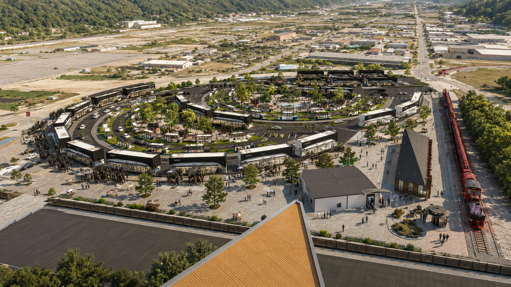 Rendered Alaska waterfront access district with circular retail and service blocks, public plaza, rail line, pedestrian spaces, and surrounding industrial valley context