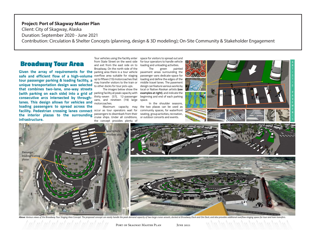Portfolio page showing Port of Skagway master plan concept and Broadway tour area improvements