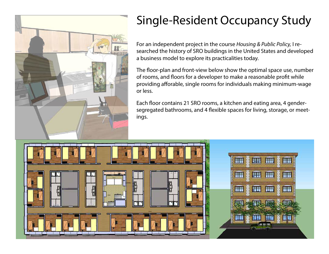 Portfolio page showing single-resident occupancy floor plan, front view, and housing policy study notes