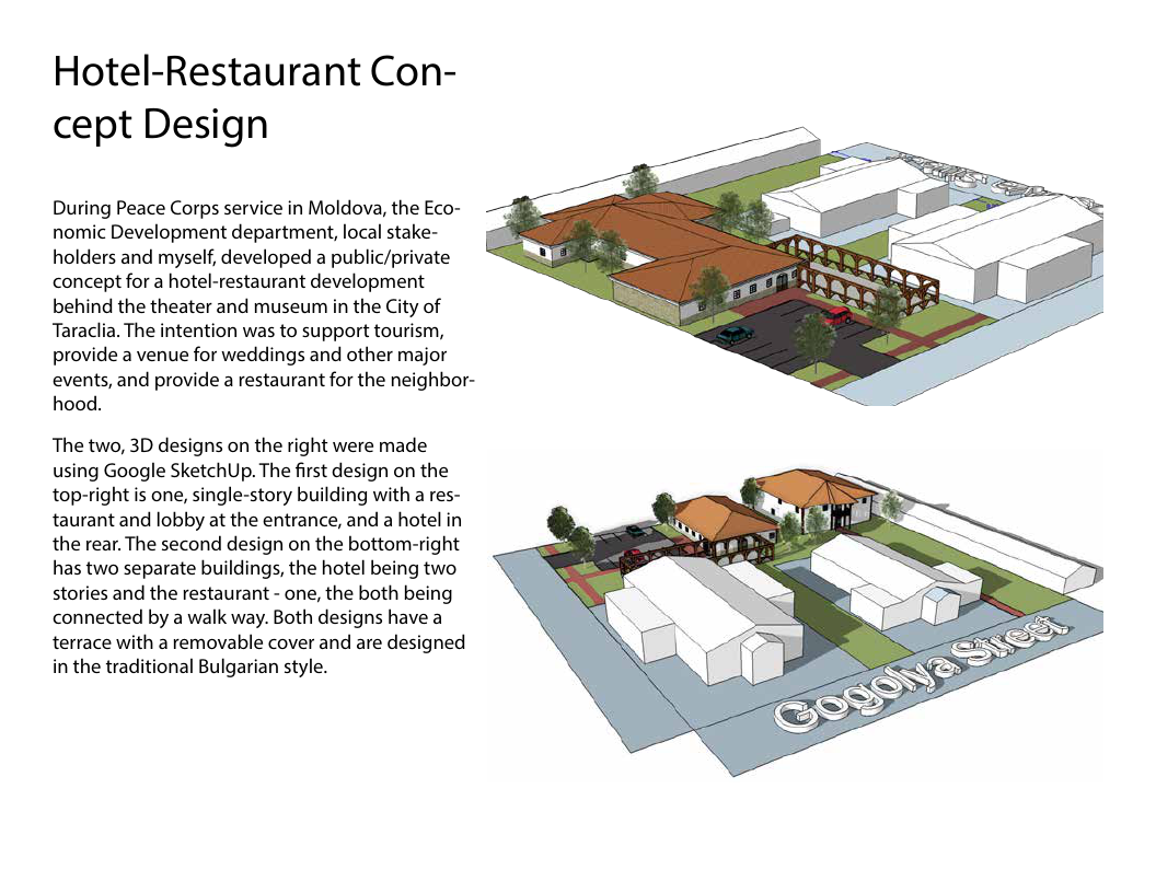 Portfolio page showing Taraclia hotel-restaurant concept design studies