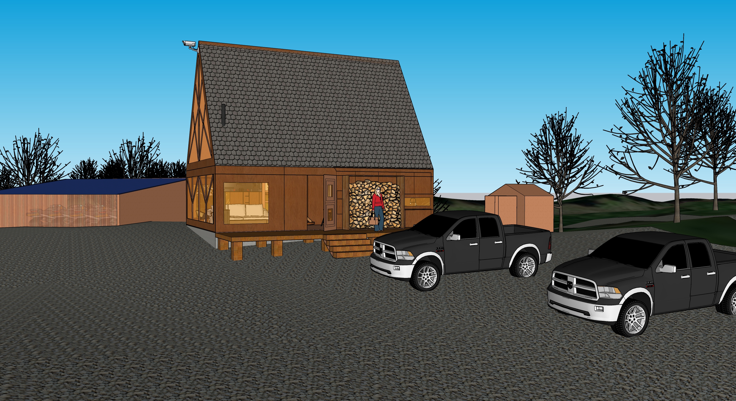 A-frame cabin entrance concept with porch, wood storage, rural driveway, and trucks