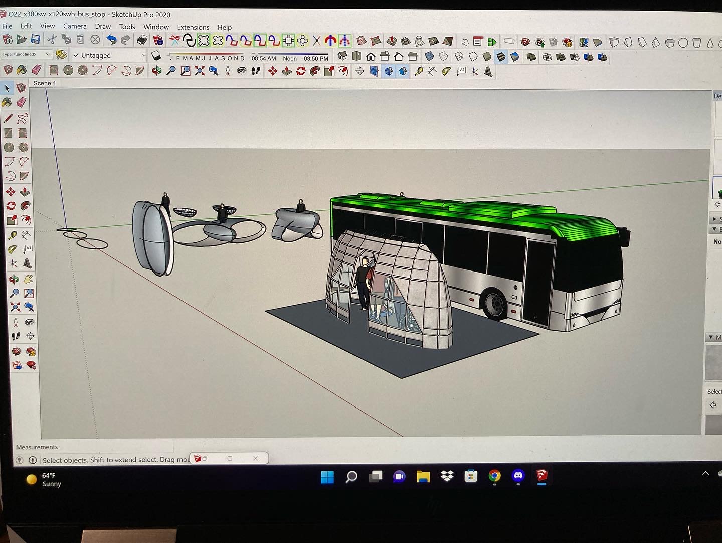 SketchUp bus stop shelter prototype beside a bus with pod studies in background