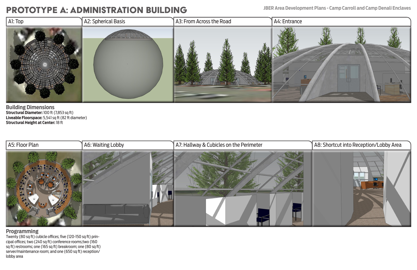 Prototype cut sheet for JBER administration building with spherical basis, floor plan, entrance, lobby, and perimeter cubicles