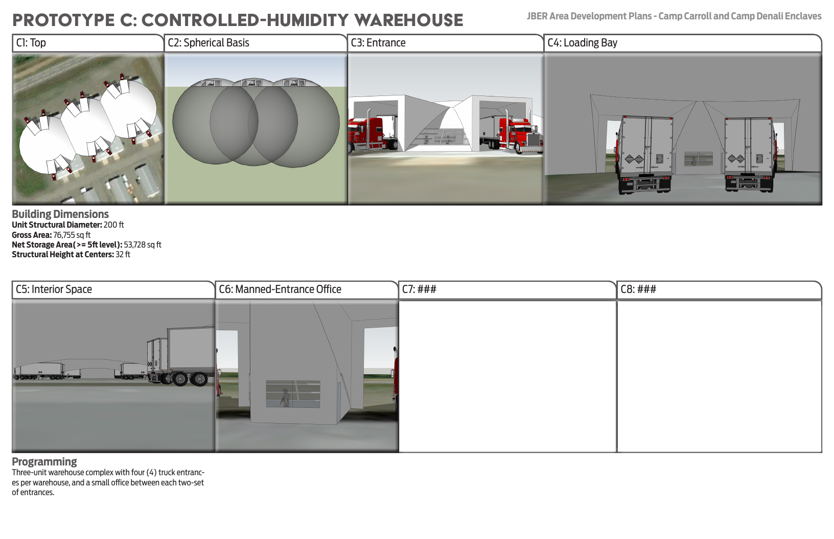 Prototype cut sheet for JBER controlled-humidity warehouse with three spherical units and loading bays