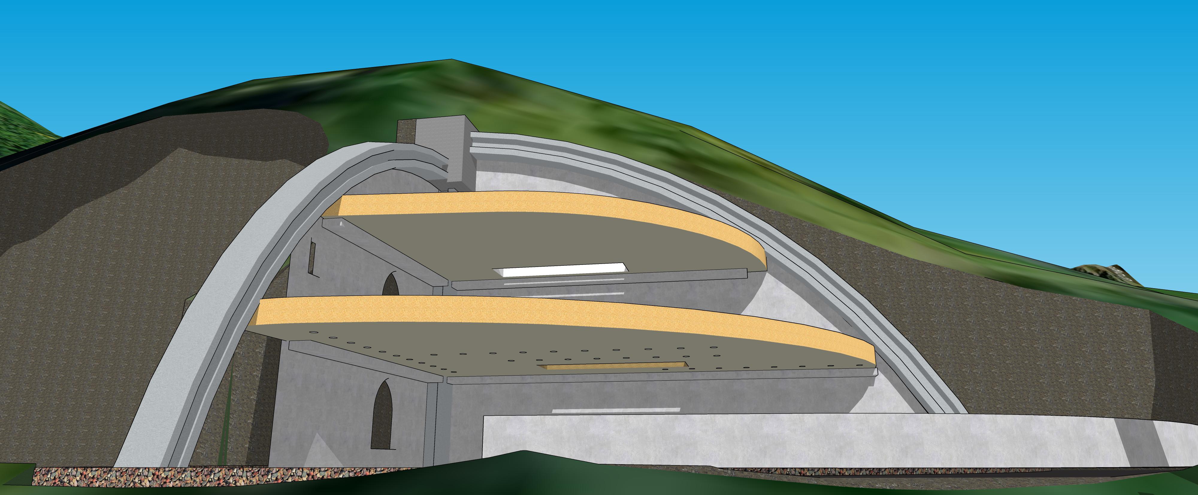 Buried building concept with curved roof and terrain integration