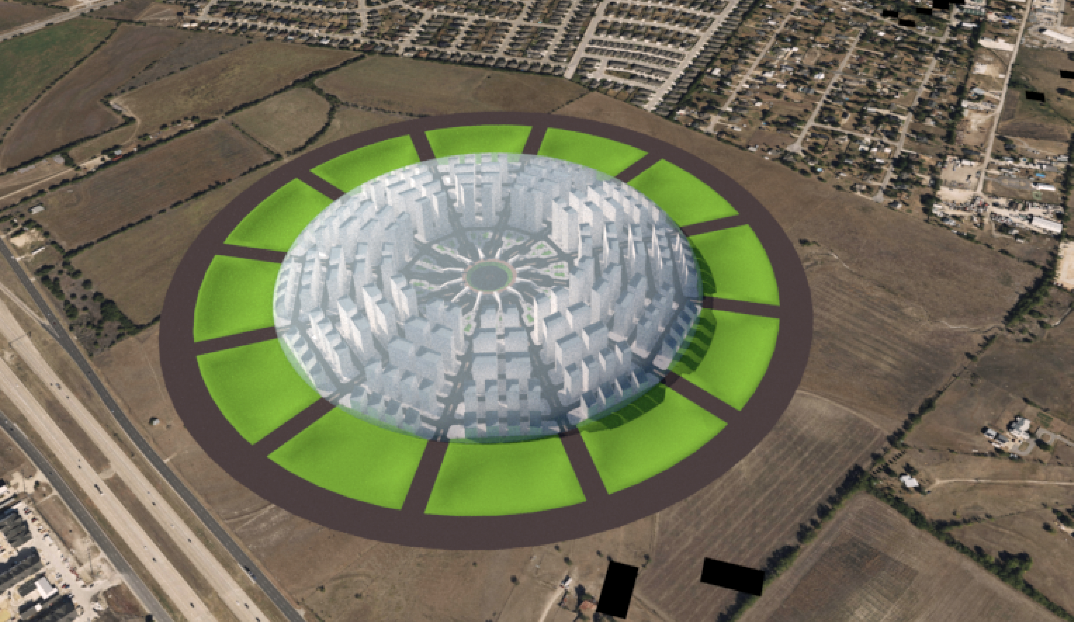 Urban Sphere original aerial context plate showing a translucent spherical district over a radial landscape and circulation field