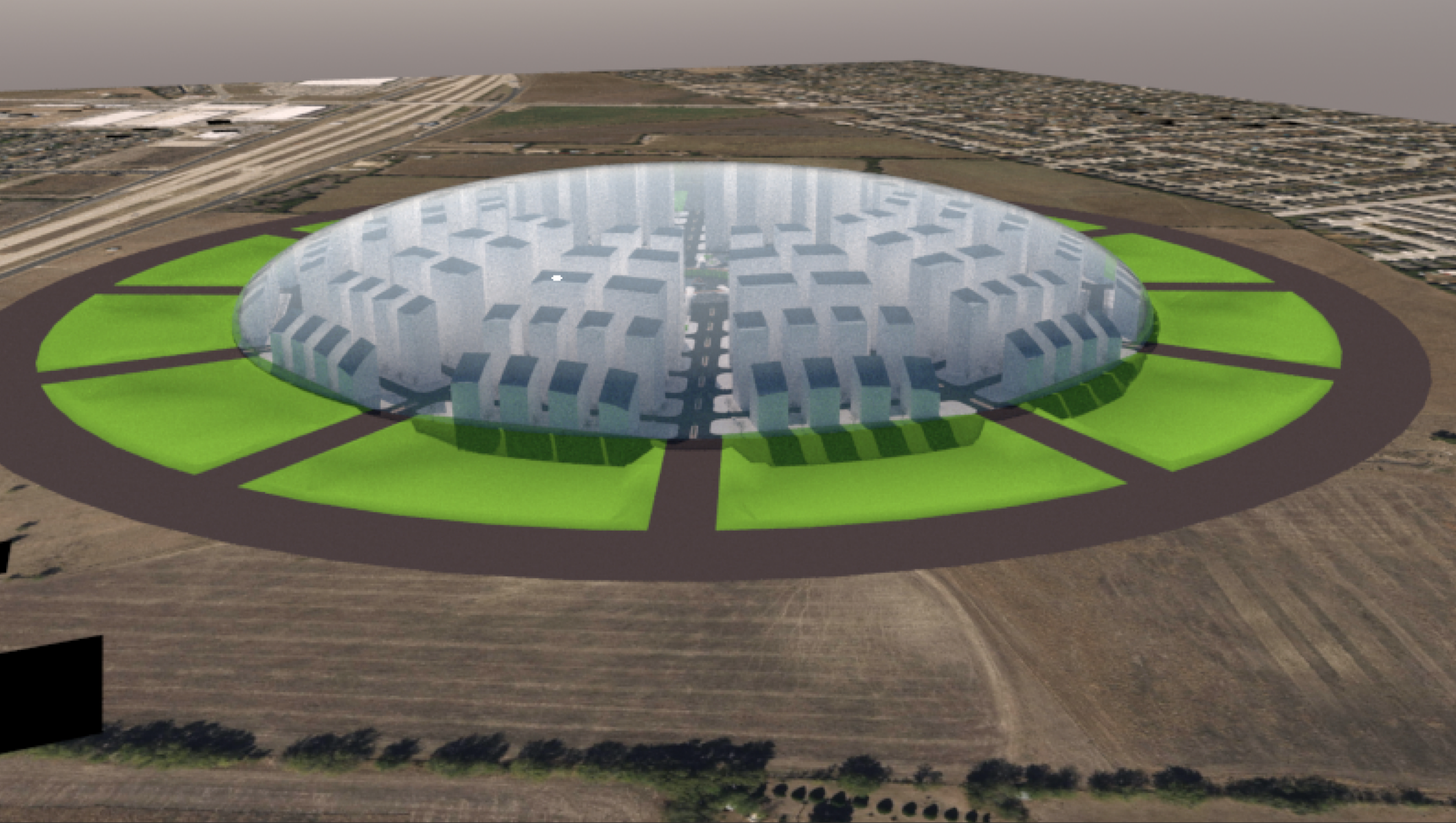 Urban Sphere district ring view with translucent dome, radial green wedges, and perimeter circulation