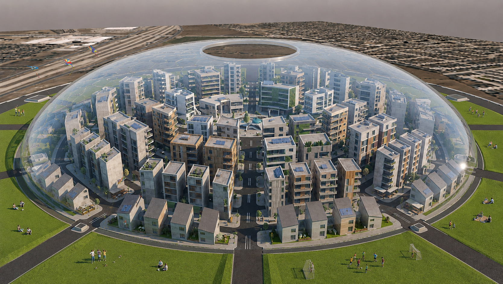 Rendered aerial view of an Urban Sphere district under a translucent dome with housing blocks, green wedges, and recreational fields