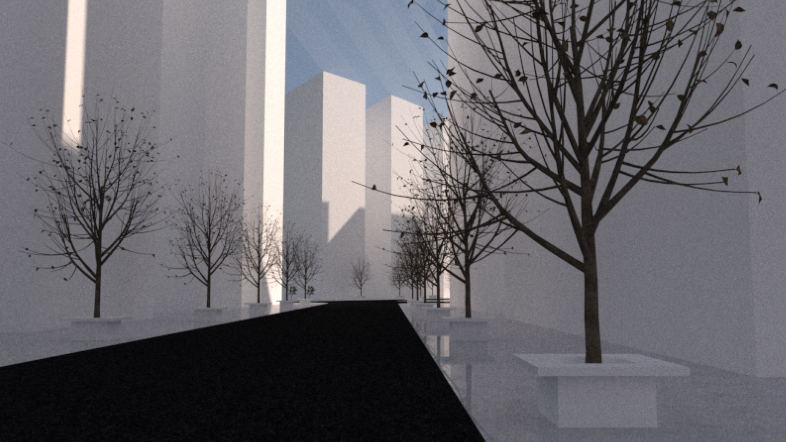 Urban Sphere interior street view with trees, tall white towers, and filtered light