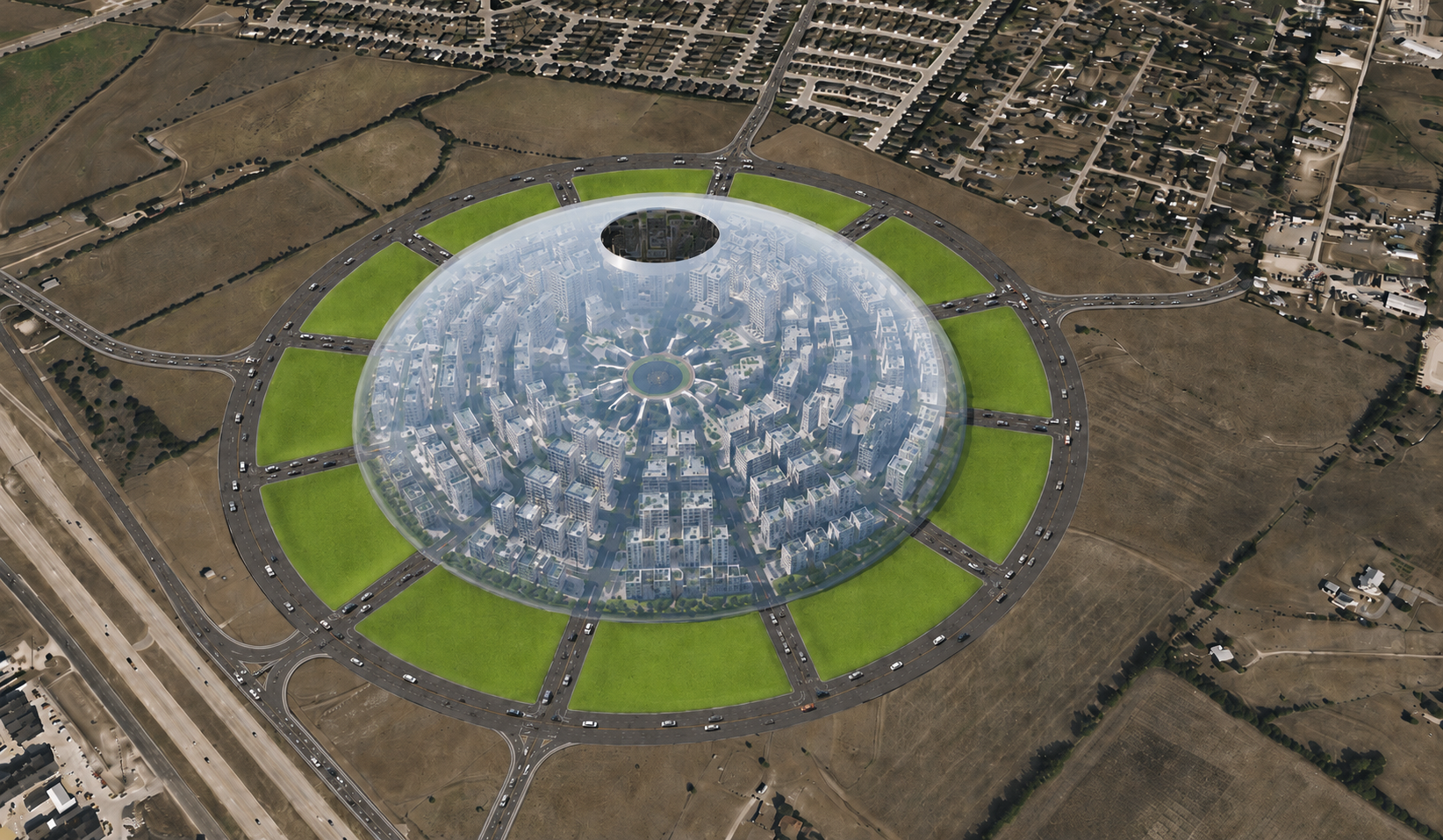 Updated Urban Sphere aerial render showing a translucent dome district with perimeter ring road, radial access points, green wedges, and central aperture