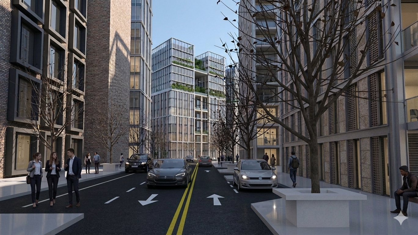 Rendered street view inside the Urban Sphere district with mid-rise buildings, trees, cars, and pedestrians