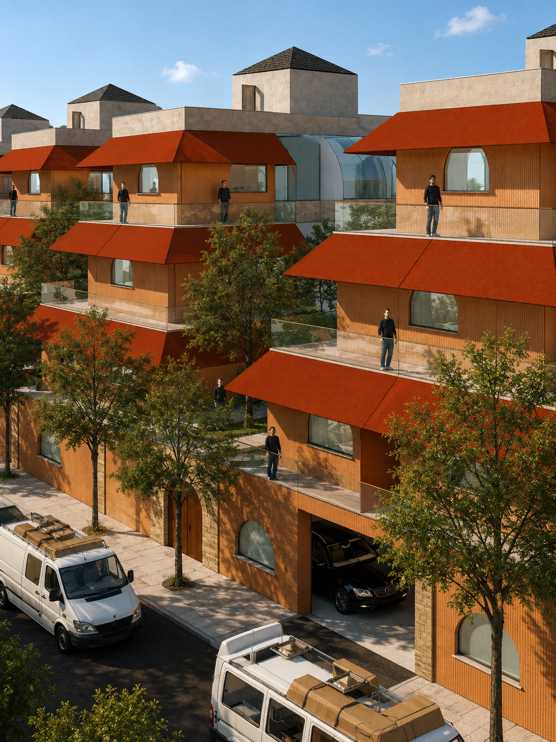 Rendered close view of ziggurat multifamily terraces, red stepped roofs, glass circulation bays, trees, garages, and street vehicles