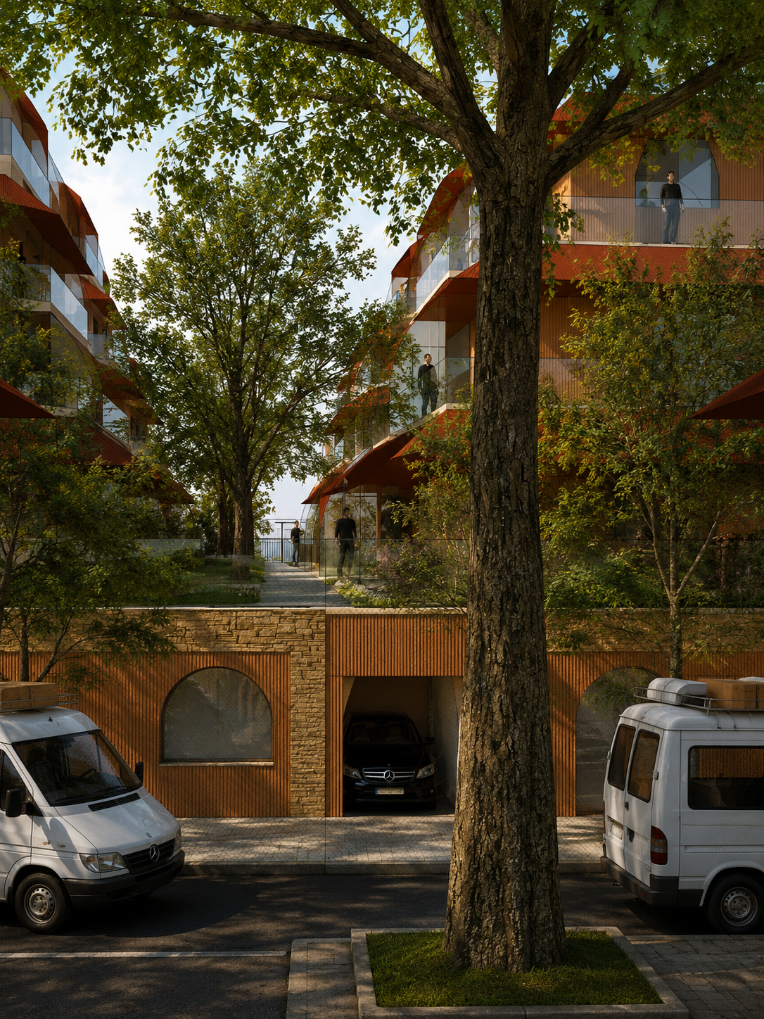 Rendered courtyard view with a large tree, planted terraces, ziggurat multifamily balconies, podium garages, and street vans