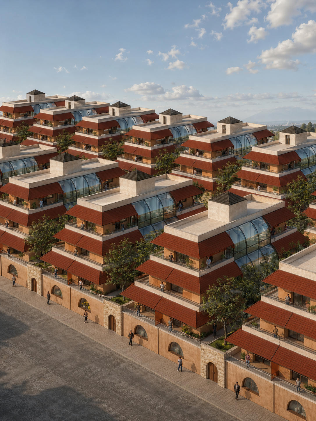Rendered view of repeated ziggurat multifamily blocks with red stepped roofs, terraces, planted courtyards, and street-level arches