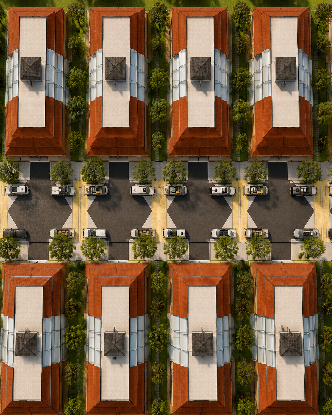 Rendered top plan of repeated ziggurat multifamily blocks with red roofs, glass bays, tree buffers, parking, and service street