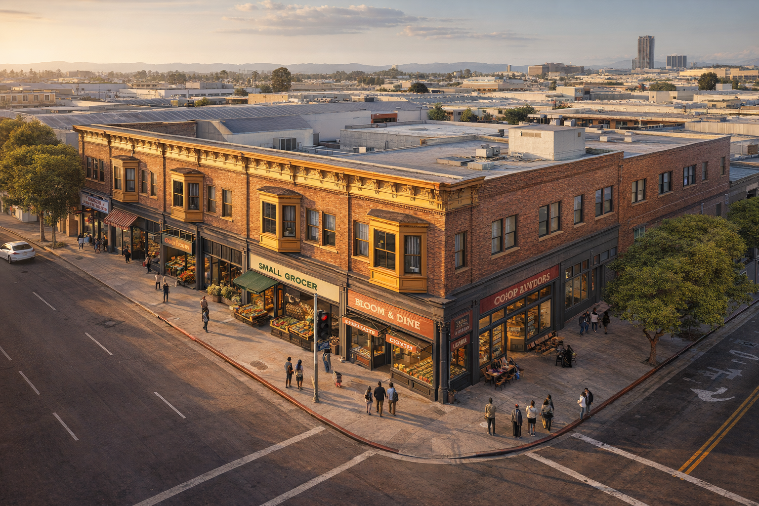 Aerial render of HCM-140 Alt A at golden hour: the original 1885 cast iron commercial building fully retained and restored, with the rear/east failing portion now repaired (no more blue tarps), active flower-district commercial tenants on the ground floor (small grocer, broom + dine, coop), and workforce SROs converted in the upper floors. The corner of S San Pedro + Agatha is visible with active street life.