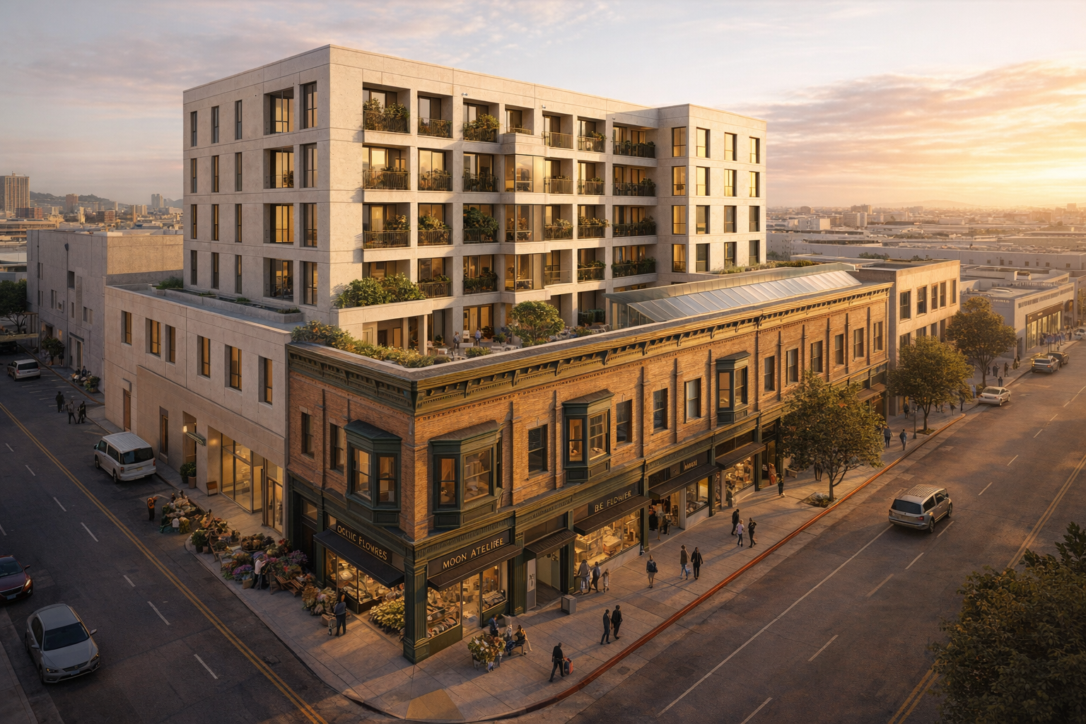 Aerial render of HCM-140 Alt B at golden hour: the historic 1885 cast iron commercial facade preserved at street level along S San Pedro Street with bay windows + ornamental cornice + cast iron storefront columns + active flower-shop tenants visible, AND a new 7-8 story warm precast concrete workforce housing building rising above and behind it with planted balconies and bronze-anodized aluminum railings. The new construction steps back from the historic facade and reads as contemporary California modernist deferring to the preserved 1885 envelope. Active pedestrians at the corner; downtown LA context behind.