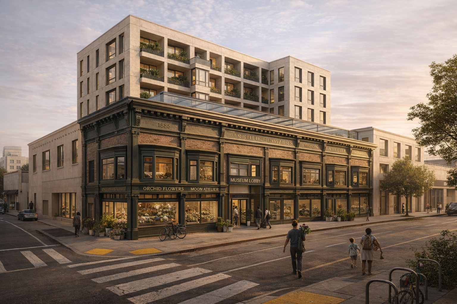 Ground-level pedestrian view at the SE corner of S San Pedro and Agatha Streets: the restored 1885 cast iron commercial facade fills the foreground at full eye-level scale with bay windows, ornamental cornice, cast iron storefront columns, dark green ironwork showing 140 years of patina, and active flower-shop tenants (ORCHID FLOWERS, MOON ATELIER, MUSEUM LOBBY) visible through restored storefront glazing. The new precast concrete workforce housing rises above with deep recessed planted balconies. Pedestrians + a parent with stroller + cyclists at the corner.