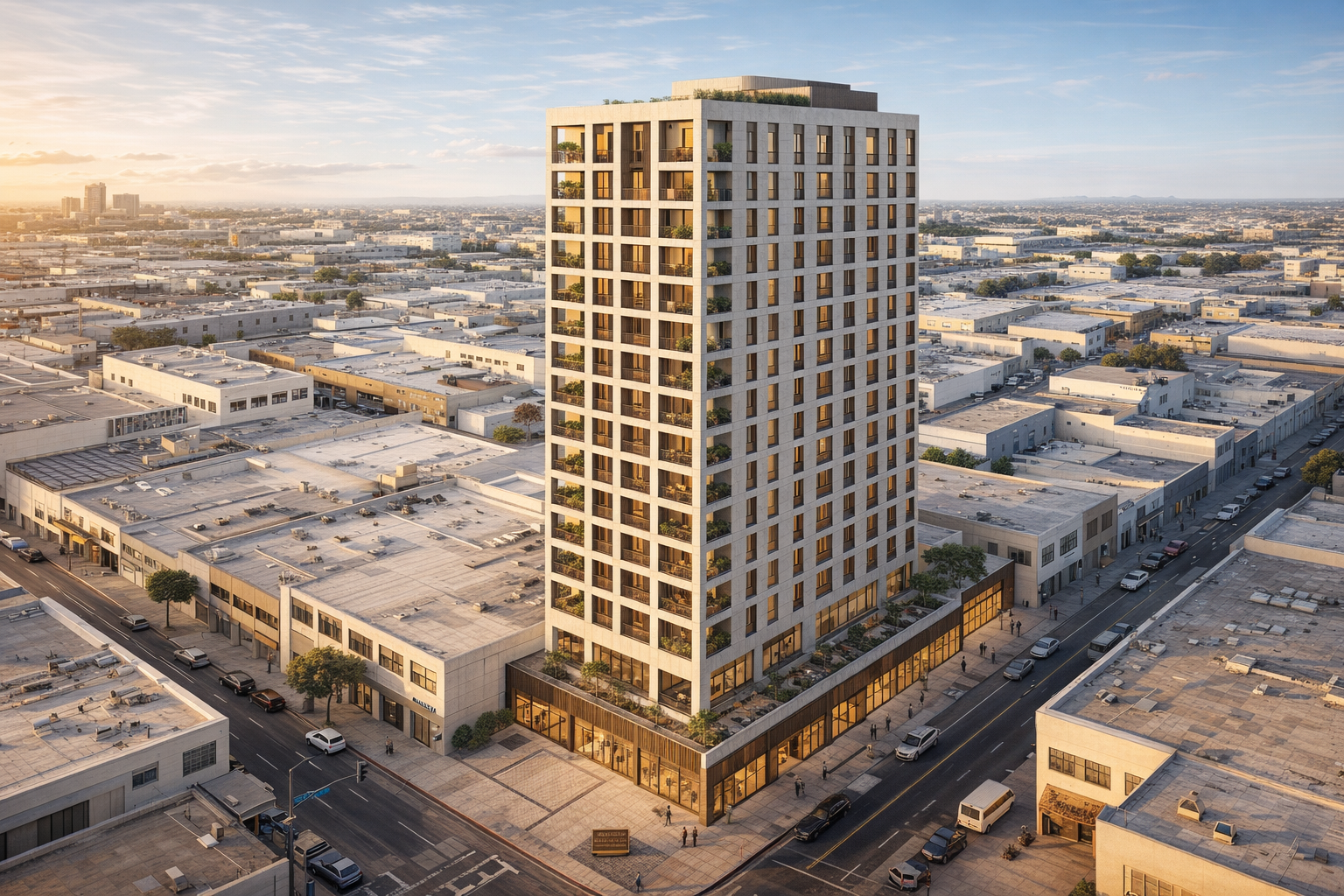 Aerial render of HCM-140 Alt C at golden hour: a 12-story warm precast concrete workforce housing tower covers the parcel, dramatically taller than the surrounding 2-3 story Flower District buildings. The cast iron facade has been relocated off-site (Olvera Street or Cal Flower Mall arcade); a small interpretive plaque + paving inlay at street level marks the original facade location.