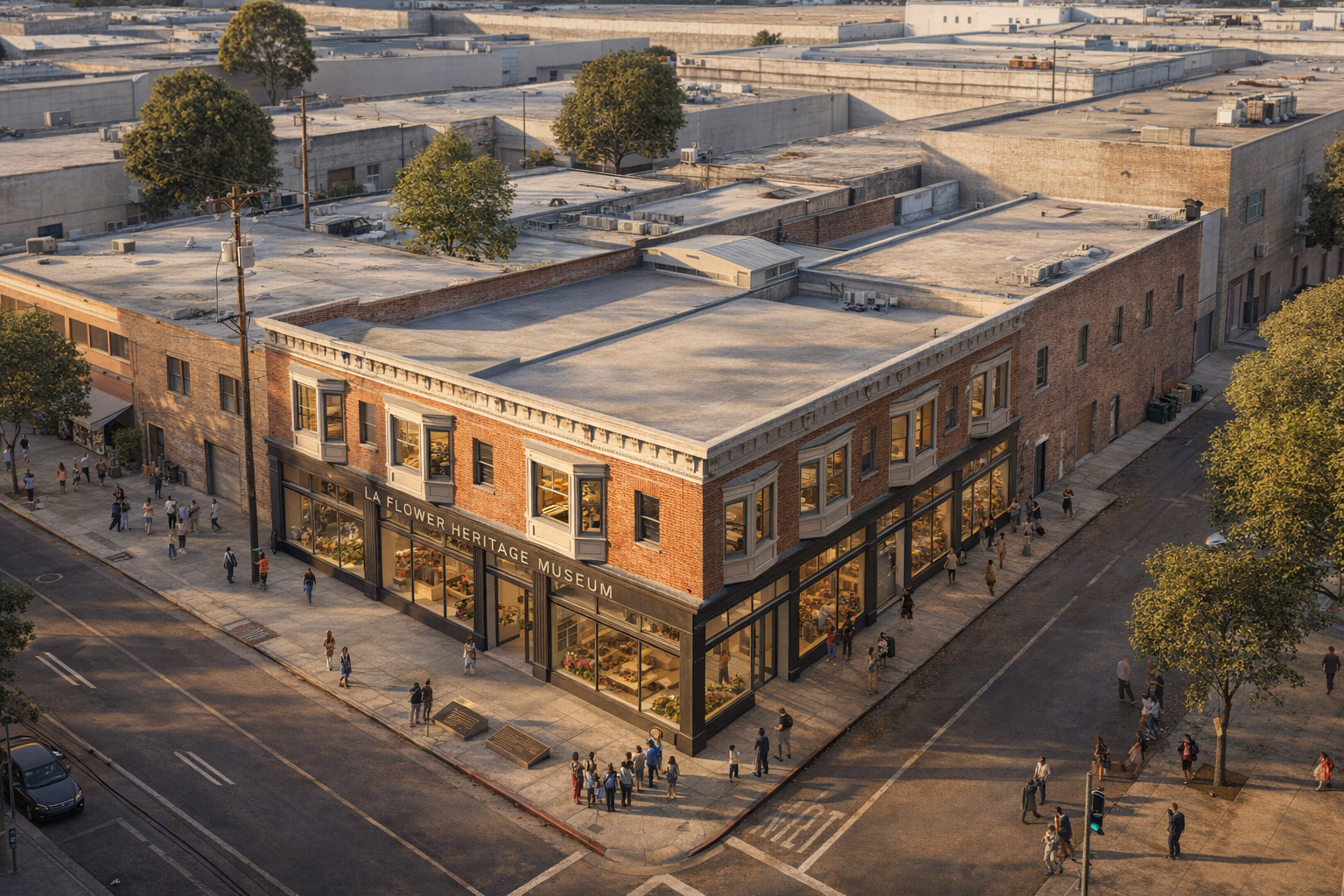Aerial render of HCM-140 Alt D at golden hour: same building footprint as Alt A but with cultural-facility program. New 'LA FLOWER HERITAGE MUSEUM' signage on the corner storefront, larger storefront glazing showing the museum interior, museum-going pedestrians at the corner. No housing.