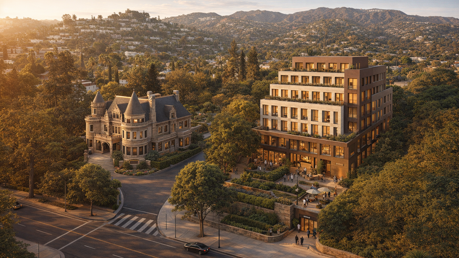 Aerial rendering of the HCM-406 Magic Castle hypothetical rectilinear methodology demo: the 1909 Lane Mansion preserved as the public face on Franklin Avenue with a 4-story warm precast concrete + bronze trim boutique hotel addition stepping back into the rear garden. Hollywood Hills mid-distance, mature canopy trees, restrained contemporary California vocabulary deferring to the mansion.