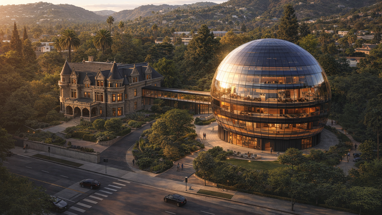 Aerial rendering of the HCM-406 Magic Castle hypothetical sphere-based methodology demo: the 1909 Lane Mansion preserved as the public face with a single ~80 ft diameter spherical pavilion (BB-8 house at urban scale) in the rear garden, glass + dark-stained wood geodesic shell, four internal levels visible through the curved glazing, glass corridor connecting mansion to sphere.