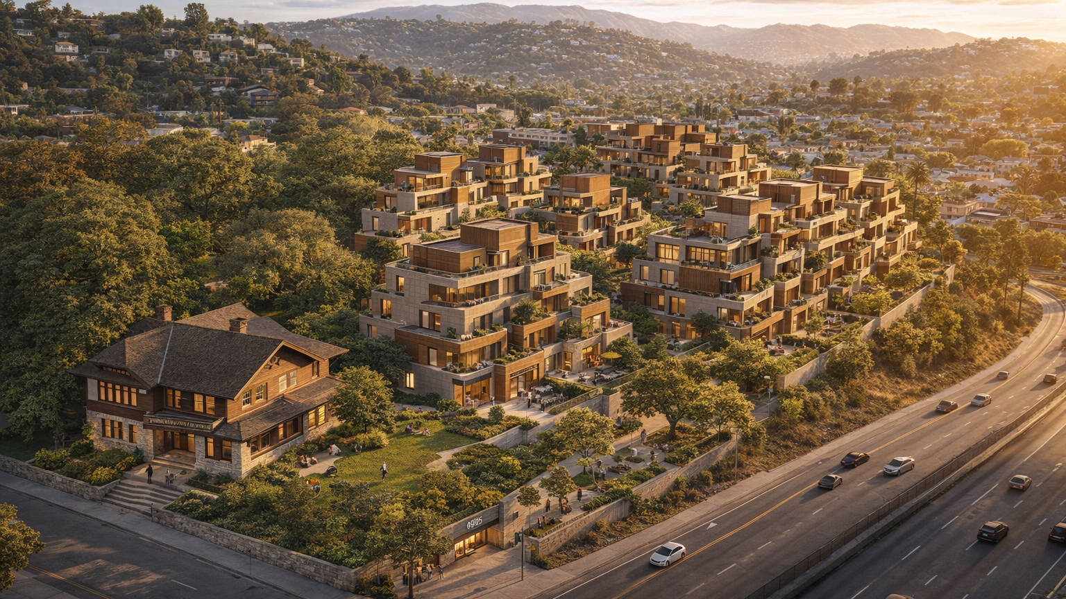 Aerial rendering of the HCM-482 Bent House hypothetical rectilinear methodology demo: the 1907 Bent mansion preserved at the corner of the parcel with a public garden, 15 ziggurat-style warm precast concrete + cedar wood townhouse stacks (~75 units total) rising up the hillside behind, with the 110 freeway visible at the bottom of the frame and Mt. Washington hills mid-distance.