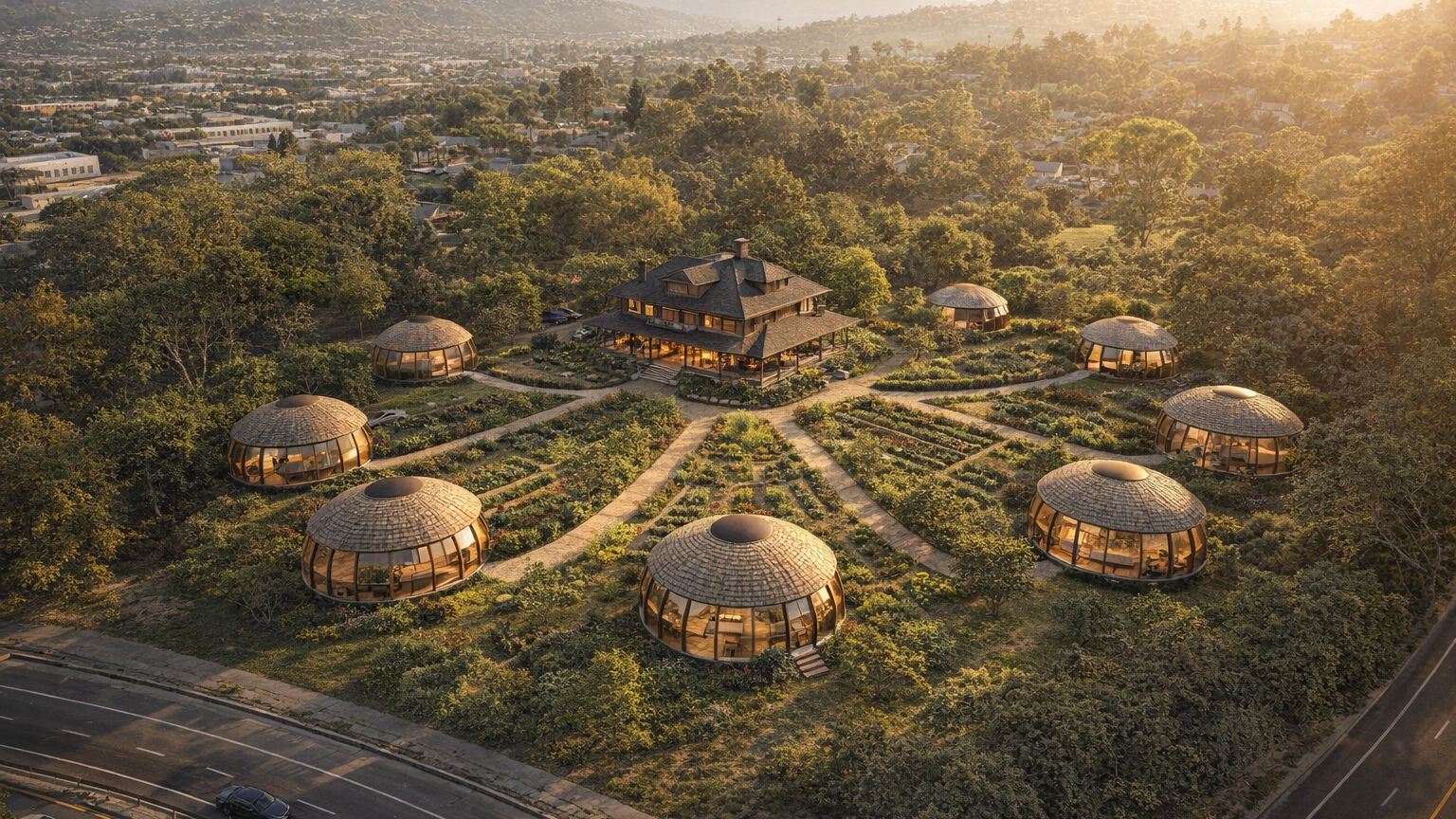 Aerial rendering of the HCM-482 Bent House hypothetical sphere-based methodology demo: the 1907 Bent mansion at the center as the parental hall, surrounded by 8 spherical pool-ball ADU pods radially arranged across a shared orchard / garden, light wood structural ribbing + clay tile roofing, spokes connecting each pod back to the mansion through fruit-tree paths.