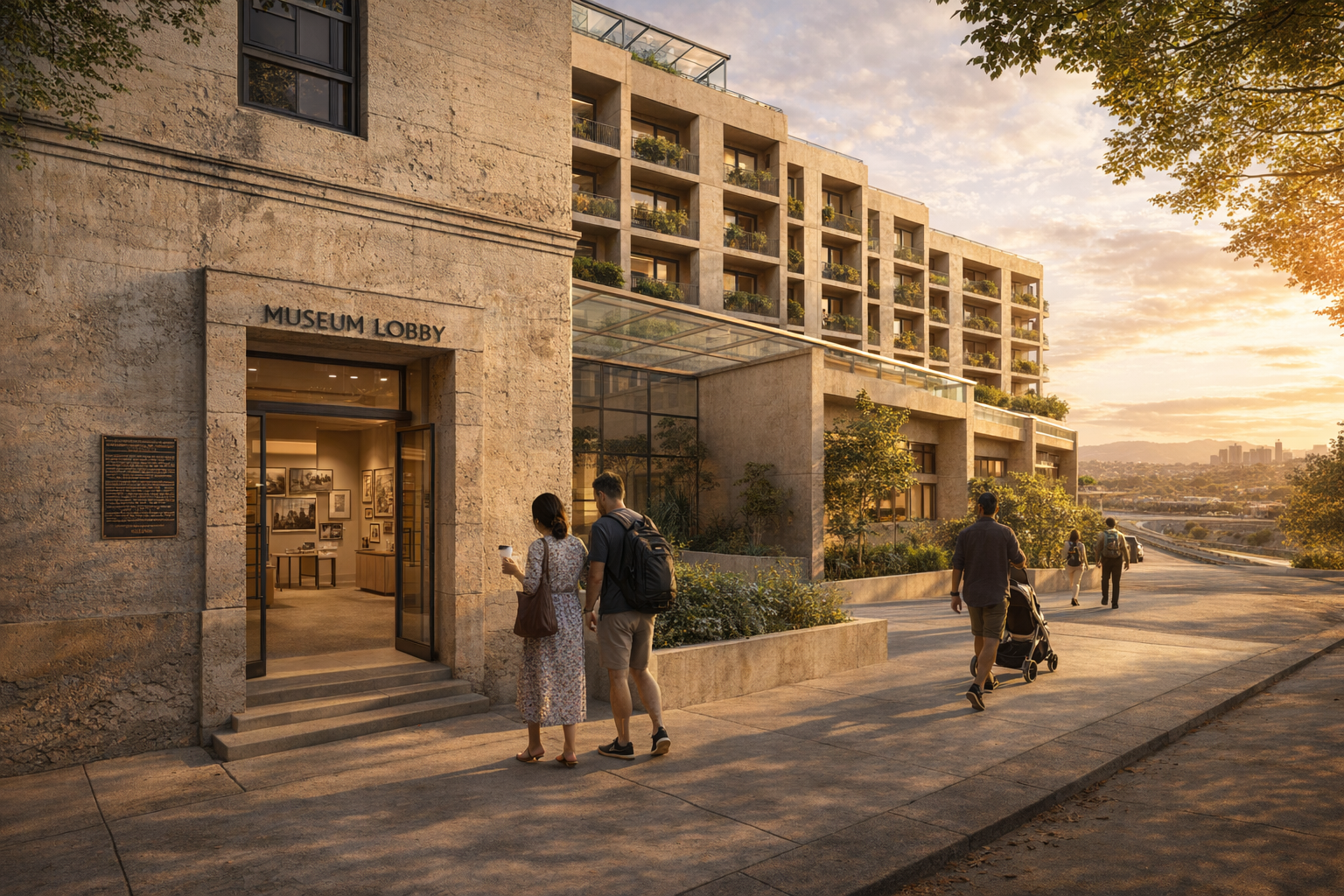 Ground-level pedestrian view of the museum lobby threshold at the workforce-condo development on the former Lincoln Heights Jail parcel. The retained 1931 jail facade fragment forms the entry — weathered cast concrete with a 'MUSEUM LOBBY' sign and a small bronze interpretive plaque on the wall — with the new contemporary precast concrete workforce condo building rising above and behind it. Pedestrians, a parent with stroller, the LA River and Elysian hills visible mid-distance to the east, golden hour.
