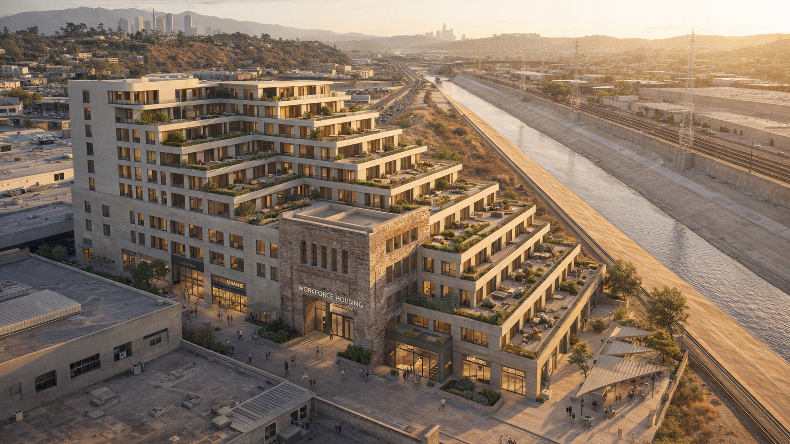 Aerial rendering of the HCM-587 Lincoln Heights Jail rectilinear design proposal: a stepped 4-to-6 story ziggurat workforce-multifamily block, retained jail facade fragment as the entry court framing the public path into the block, terraces stepping toward the LA River vantage to the east, downtown LA skyline mid-distance.
