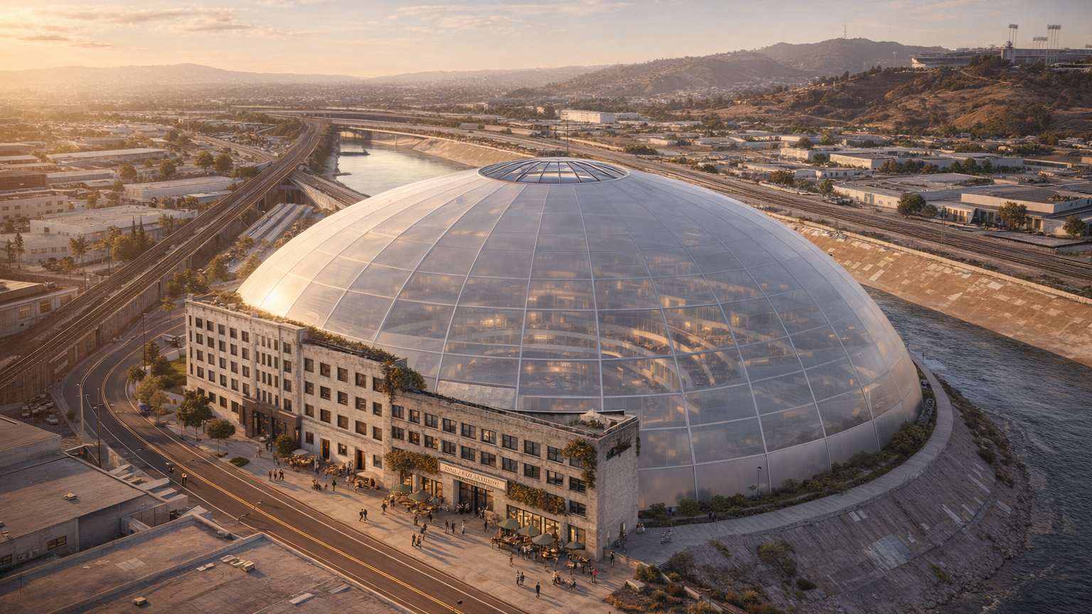 Aerial rendering of the HCM-587 Lincoln Heights Jail sphere-based design proposal: an urban sphere plate — translucent half-dome environmental envelope ~150 ft radius — rising from the retained jail facade fragment at the south portal threshold. Central aperture at the top, LA River curving past on the east side.