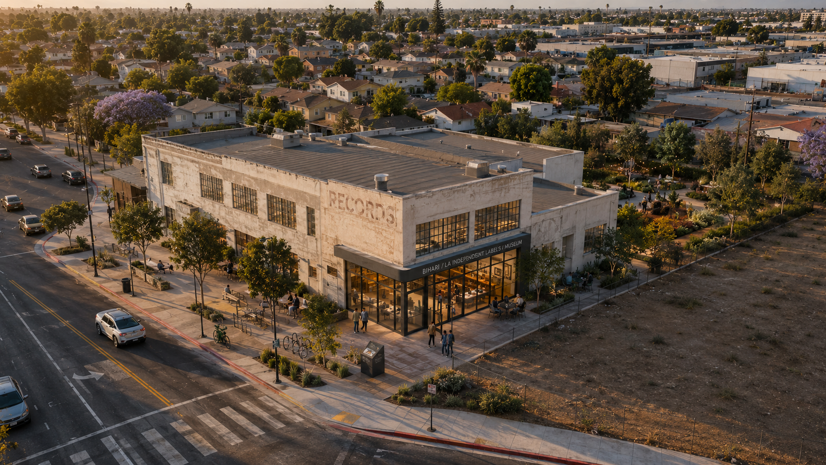 Golden-hour aerial of Alt A: the original 1923 Cadet Records building fully retained and restored as an active museum and cultural facility. The full RECORDS ghost sign is visible on the west facade with the concrete eyebrow over the main entrance. New large industrial-sash glazing wraps the south corner showing the museum lobby interior. A small plaza along the Normandie sidewalk; the vacant lot south of the parcel is still vacant. Single-family residential blocks in the background.