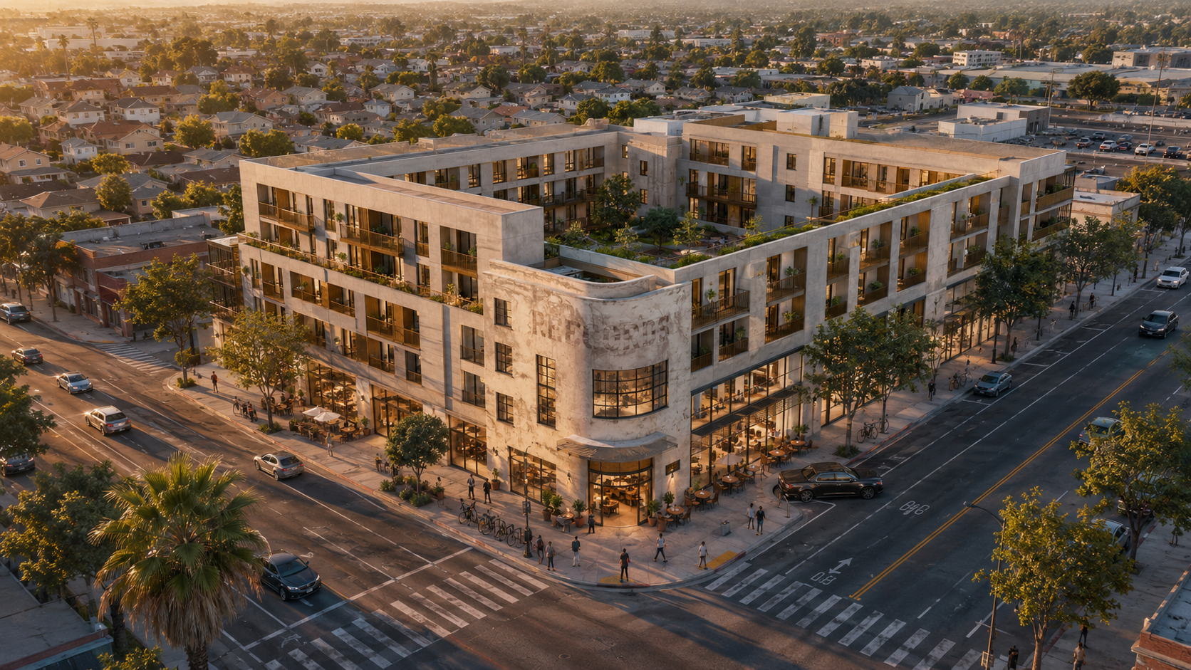 Golden-hour aerial render of the Alt B program at the corner of S Normandie Ave and W 58th St: a 4-5 story warm precast concrete mixed-use building with deep balcony recesses, planted balconies, an active ground-floor commercial street wall, and the retained 1923 south corner with the ghost RECORDS sign forming the museum lobby threshold. Active pedestrians + scooters at the corner; residential Chesterfield Square context behind.