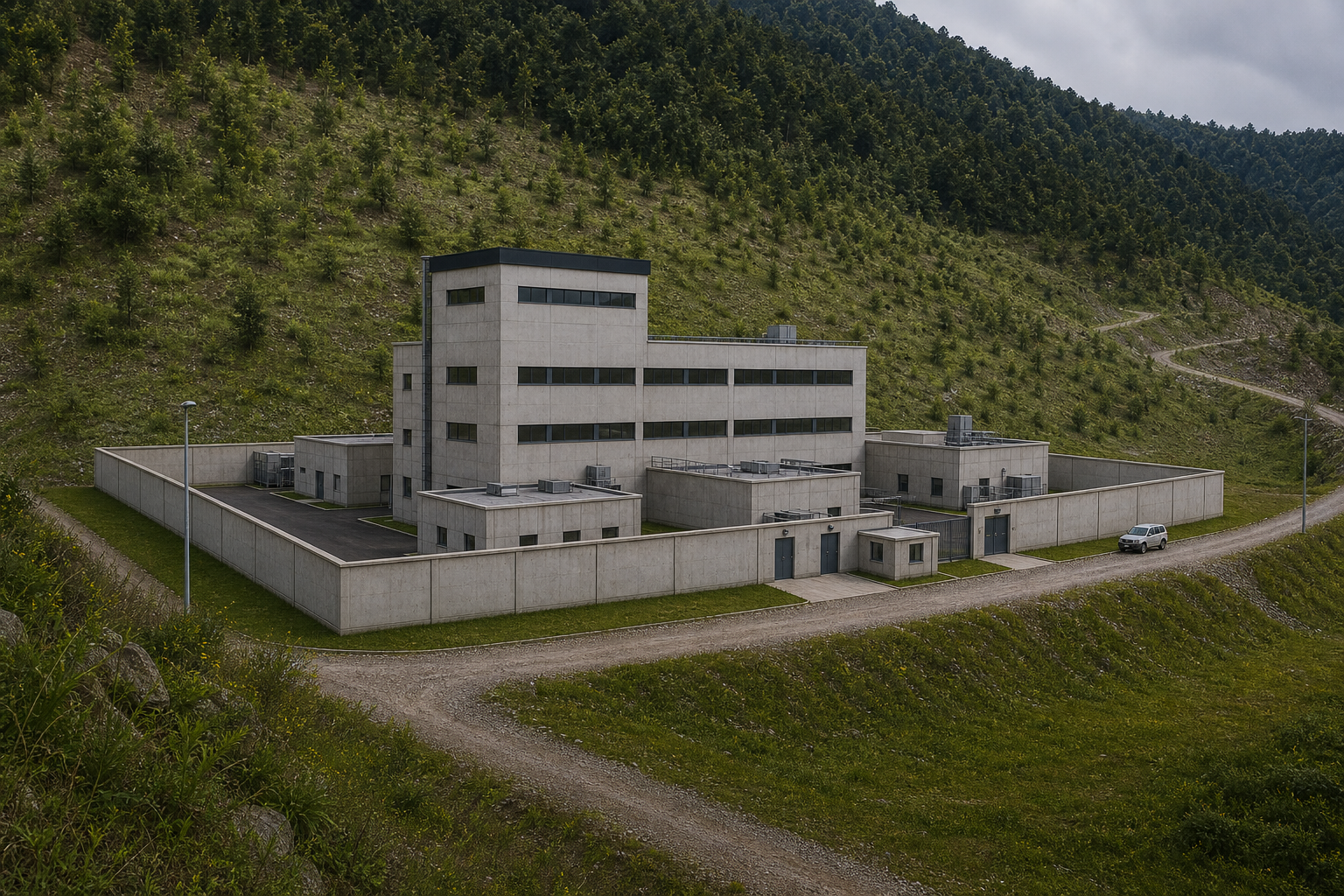 Generated human-height rendering of the completed MSS Containment Hub with a taller L-shaped main block, elevated black-roofed short leg, grassed pads, reclaimed cut slope, and service roads